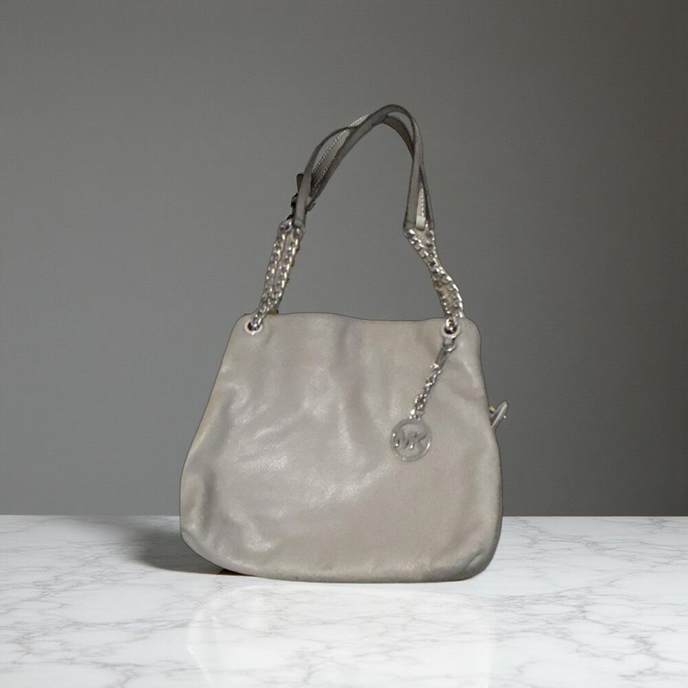 Michael Kors Jet Set Large Chain Item Shoulder Tote Pearl Grey Pebbled Leather